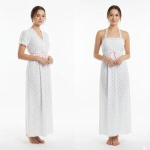 Vintage Sears White and Pink Eyelet Night Gown Robe Belted Small